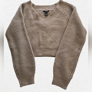 Forever 21 Cropped Chunky Knit Sweater Womens XL Beige V Neck Balloon Sleeve